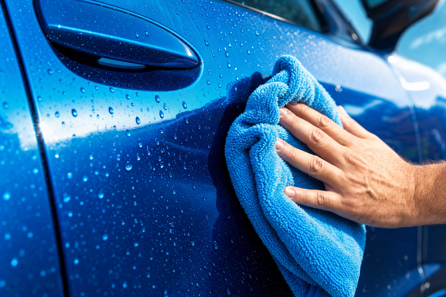 Microfibre essuyant une carrosserie bleue avec des gouttes d'eau
