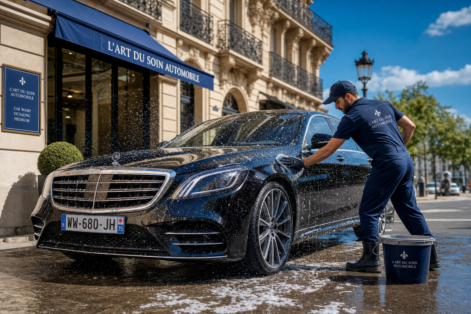 Voiture lavée à domicile devant un immeuble haussmannien à Paris